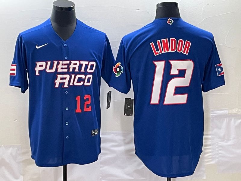 Men 2023 World Cub Puerto Rico #12 Lindor Blue Nike MLB Jersey1